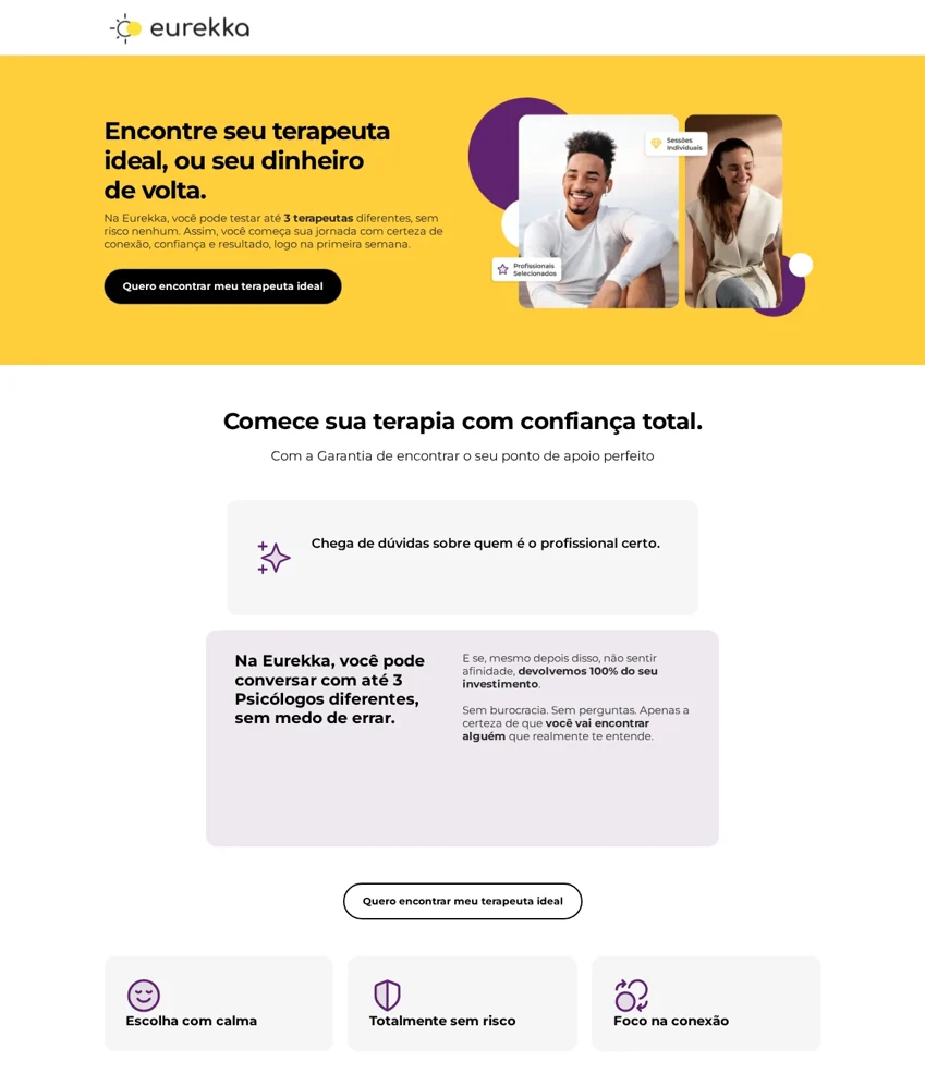 Página de terapia da Eurekka, com profissionais e proposta de atendimento