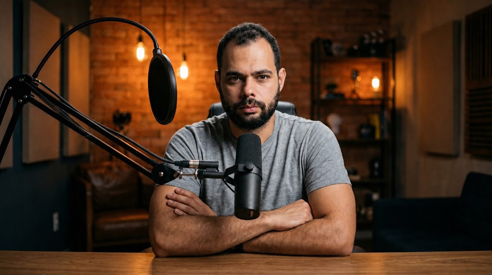 Renan Gegorio em seu estúdio, diante do microfone
